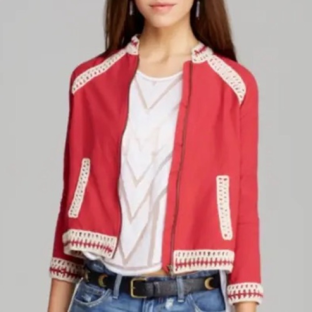 NEVER WORN free people red jacket with crochet trim.